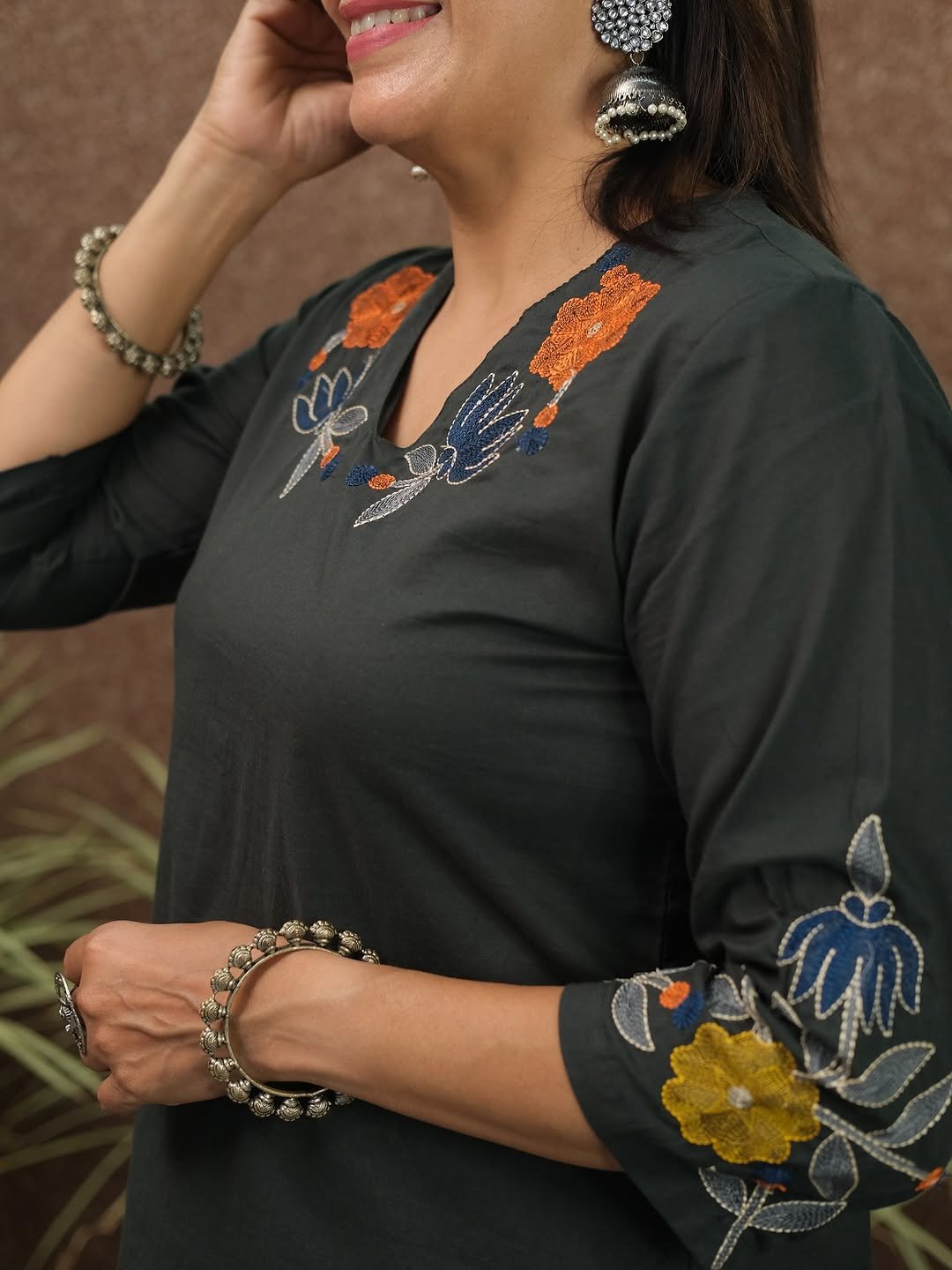 Black Cotton Embroidered Kurta Pant Set